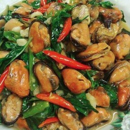 หอยแมงภู่ผัดโหระพาราดข้าว