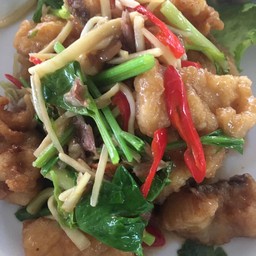 ปลากระพงทอดผัดคื้นฉ่าย