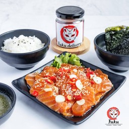 แซลมอนดองโชยุ 250g ฟรี!! ข้าวญี่ปุ่น+น้ำจิ้มซีฟู้ด+สาหร่ายย่าง