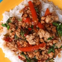 ผัดกระเพราหมูสับราดข้าว