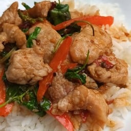 ผัดกระเพราหมูชิ้นราดข้าว