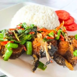 ข้าวราดกระเพราหรือพริกแกงปลาดุกกรอบ