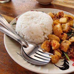 Stir Fried Basil With Pork Cracklings On Rice