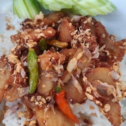 เจ๊อ้วนข้าวหมูทอด  กระเทียมพริกสด