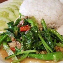 คะน้าปลาเค็ม ราดข้าว