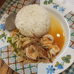 เห็ดเข็มทองผัดกุ้งราดข้าว