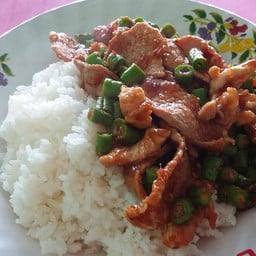 ถั่วฝักยาวผัดพริกสดราดข้าว