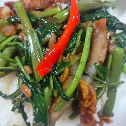ผัดผักบุ้งหมูทอดราดข้าว