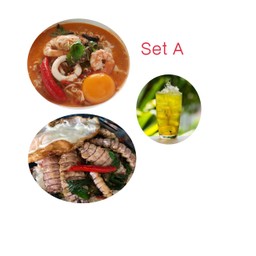 สุดคุ้มA มาม่าทะเลไข่ตอก+ข้าวกระเพากั้งไข่ดาว+น้ำเก็กฮวย