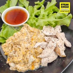 ไข่ข้น 3 ฟองเพิ่มอกไก่พร้อมซอสคลีน (ไม่มีข้าว)