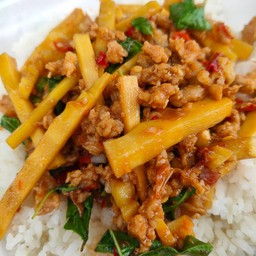 Stir Fried Basil With Bamboo Shoots On Rice