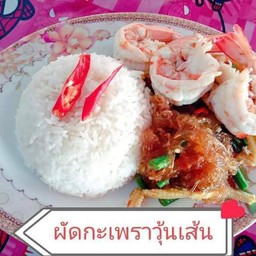 ผัด กะเพรา วุ้นเส้น **ราดข้าว**(โปรดเลือกเนื้อสัตว์ )
