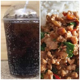 ข้าวผึดกระเพราหมูสับกับโค้กแก้วโอ่งจุใจ