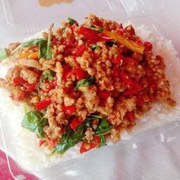 ผัดกะเพรา ( ทางร้านจะใส่แต่ใบกระเพราอย่างเดียวนะคะ )