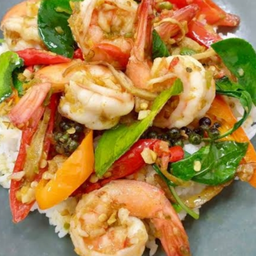ผัดฉ่ากุ้ง ราดข้าว