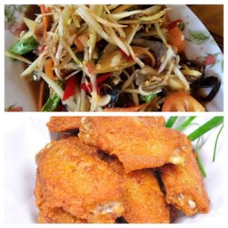 ตำปูปลาร้า+ปีกกลางไก่ทอด