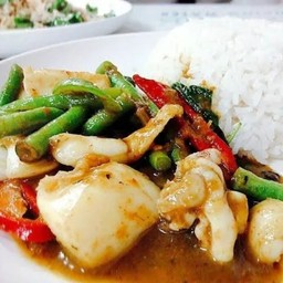 ผัดพริกแกงปลาหมึก ราดข้าว