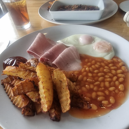 Ham eggs chips and beans