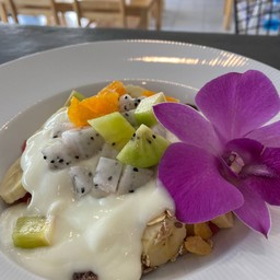 Fresh fruits muesli and yoghurt