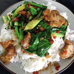 ข้าวคะน้าหมูกรอบฟรีไข่ดาว