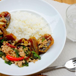 ข้าวไข่เยี่ยวม้าหมูสับกะเพรากรอบ