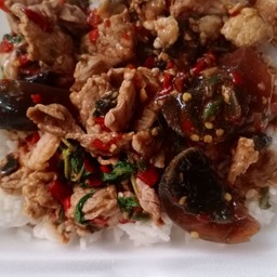 กะเพาเนื้อไข่เยี่ยวม้า