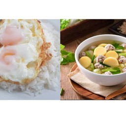 ข้าวราดไข่ดาวแฝด+แกงจืดผักกาดขาวเต้าหู้หมูสับถ้วยเล็ก