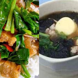 ข้าวราดคะน้าหมูกรอบ+แกงจืดสาหร่ายถ้วยเล็ก