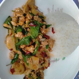 ข้าวราดผัดกะเพราหมูยอหมูสับพริกแห้ง