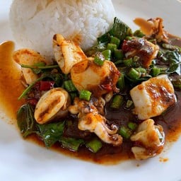 ผัดพริกแกงปลาหมึก ราดข้าว