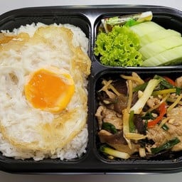 E-113 ข้าว+ไก่/หมูผัดขิง + อาหาร 1อย่าง(ตามตัวเลือก)
