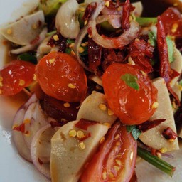 ยำปลาร้าแซ่บนัว ไข่แดงเค็ม+หมูยอ