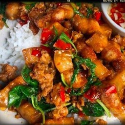 กะเพราสามชั้นทอดราดข้าว