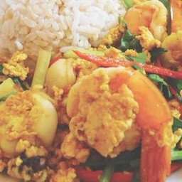 ผัดผงกะหรี่ ราดข้าว เลือกเนื้อสัตว์ได้1-2อย่าง