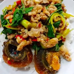 ผัดกระเพราไข่เยี่ยวม้าราดข้าว