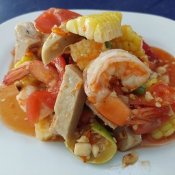 ตำไทหมูยอ+กุ้งลวกสุกใส่ข้าวโพด