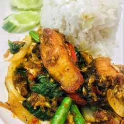 ข้าวราดผัดเครื่องแกงปลากะพง