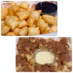 โรตีทอดกรอบซอสช็อคโกแล็ตเข้มข้น + โรตีทอดกรอบนมข้น (โอวัลตินภูเขาไฟ)