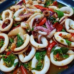 กระเพราหมึก ราดข้าว