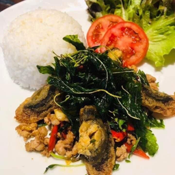 ข้าวราดไข่เยี่ยวม้ากระเพรากรอบ(หมูสับ)