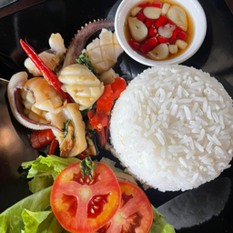 ข้าวราดผัดกระเพราหมึกสด