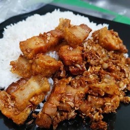 ข้าวราดหมูกรอบกระเทียม (ไม่แถมไข่ดาว)