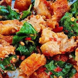 กะเพราหมูกรอบ ราดข้าว