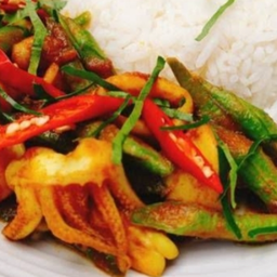 ผัดพริกแกงปลาหมึก ราดข้าว
