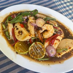 ยำปลาร้าหมูยอกุ้งสุก