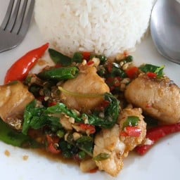 ข้าวราด ปลากะพงผัดพริกสด