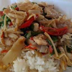 ผัดเครื่องแกงหมูหน่อไม้ดองราดข้าว