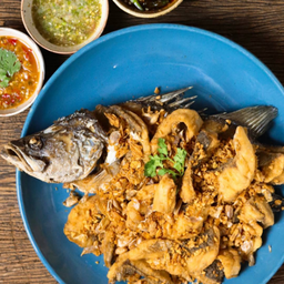 ปลากะพงทอดกระเทียม (ครึ่งตัว)