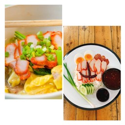 ข้าวหมูแดงล้วน + เกี๊ยวน้ำหรือแห้ง + กระเจีี๊ยบ