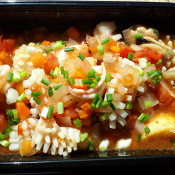 Tofu with mixed ingredients, squid with rice